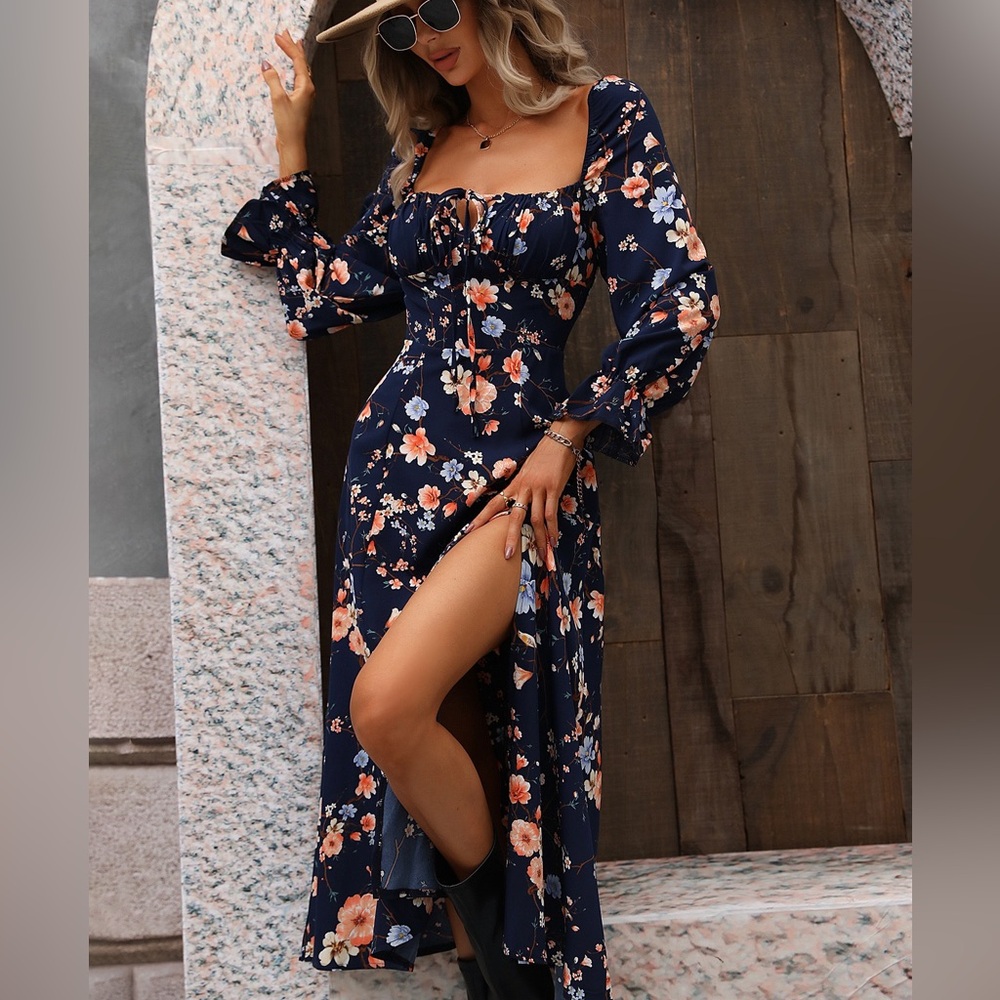 Boho floral ruffle split thigh square neck maxi dress white - Picture 4 of 8